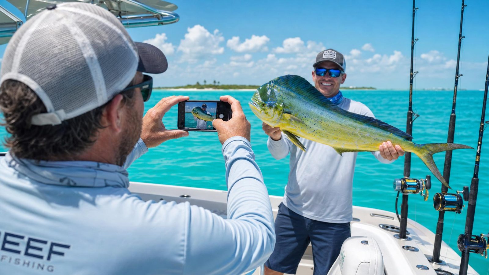 Charter captain photographing a client's mahi-mahi catch with the CharterSites app
